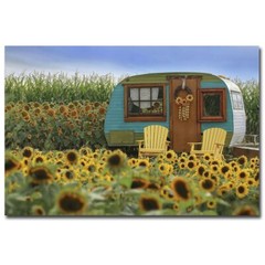 Vintage Camper and Sunflowers Gallery-Wrapped Canvas Giclee Art (12 in x 18 in)