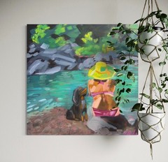 Dog by Lake Original Oil Painting 20×20 Quiet Nature Art Contemporary