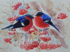 Golden BULLFINCH Birds Original Watercolor Acrylic Painting By Artist
