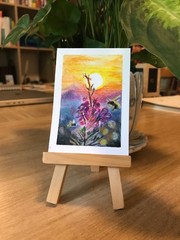 ACEO Original Landscape Painting Oil Pastel OOAK Wildflower Honeybee Sunset