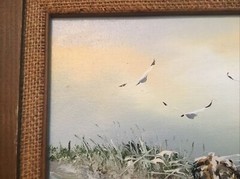 VTG Framed Oil On Canvas Painting Seascape Beach Seagulls Boat Signed 16 X 14”