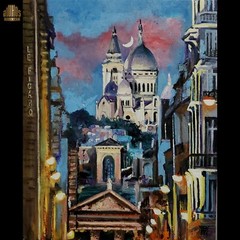 YARY DLUHOS Paris France Sacre Coeur Montmartre Night Moon Original Oil Painting
