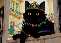 ACEO Mini *ART PRINT Black Cat New Orleans Fat Tuesday Mardi Gras Crown & Beads