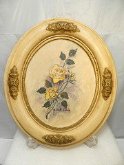 Vintage Mildred Colvin Yellow Rose Floral Painting on Canvas Oval Frame (O33S)