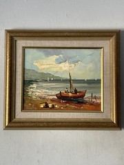 COOL ANTIQUE MID CENTURY MODERN BOAT LANDSCAPE OIL PAINTING OLD VINTAGE SEASCAPE