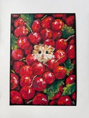 Hamster Original Art Cherry Wall Art Abstract Oil Pastels Animal Art Fruit Art