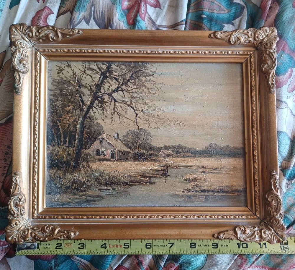 1957 Beltman Holland Oil Painting Riverside Cottage Landscape „Winter“ McM