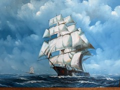 Large Vintage Oil Painting Sailing Ship Seascape Signed Maritime Ocean Art
