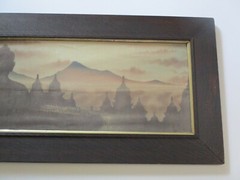 ANTIQUE BUDDHA PAINTING CITY VILLAGE VIEW NIGHT SUNSET OLD FRAME BATIK MODERNIST