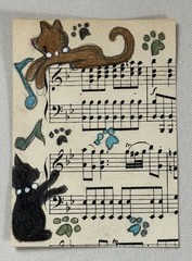 Aceo Original Art Trading Card, Black Cats With Piano Music, Art By Sommer Rayn