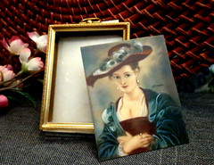 Miniature Hermo Signed Portrait French Lady Straw Hat, Peter Paul Rubens Style
