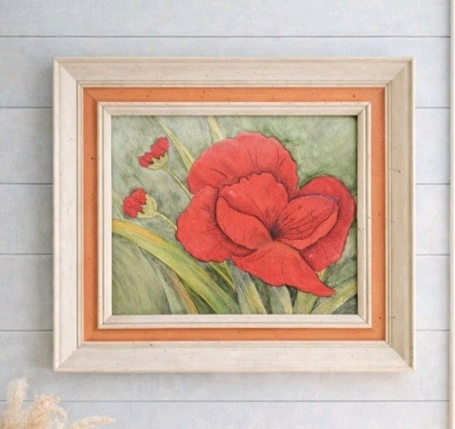 Vtg Original Watercolor Painting Coral Poppies Flowers Signed 16″x13″