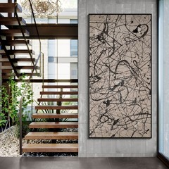 XXL Pollock Style Beige Black – Abstract Painting – Drip Canvas – 78×39 in