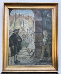 Impressionist Harbour Scene Küstenstadt People Sailing Ships Dogs Antique Oil