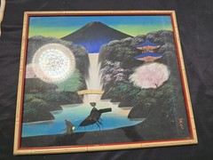 2 Vintage Chinese Waterfall Mountain Paintings on Silk Glass Bamboo Wood Frames