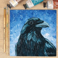 Original Raven Oil Painting Crow Wall Art Small Art Night Sky Gothic Home Decor