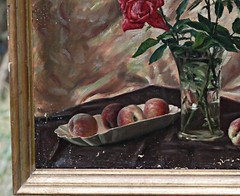 Oil Painting, Signed Erich Säuberlich – Still Life With Roses & Peaches – Framed