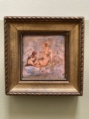 MINIATURE WOOD FRAMED PORCELAIN CUPID TILE W/ GOLD OUTLINE ARTIST SIGNED 1920s