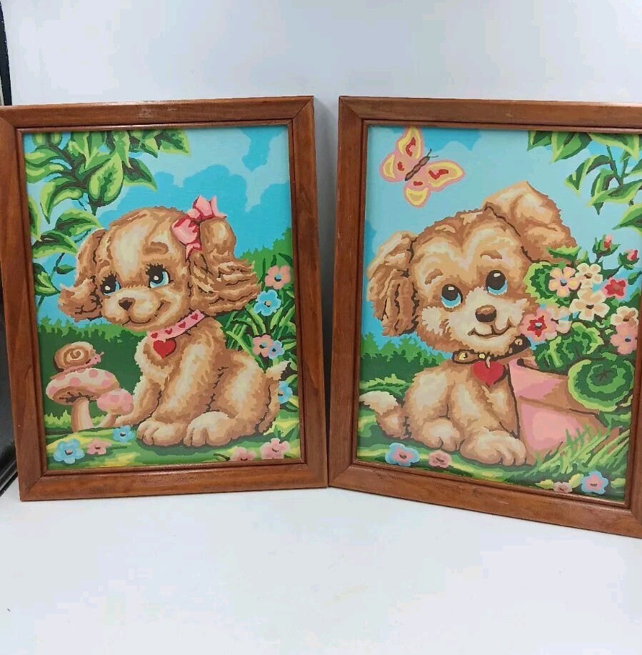Paint by Number Paintings Puppies Puppy Wood Framed MCM Set Of 2 Vintage