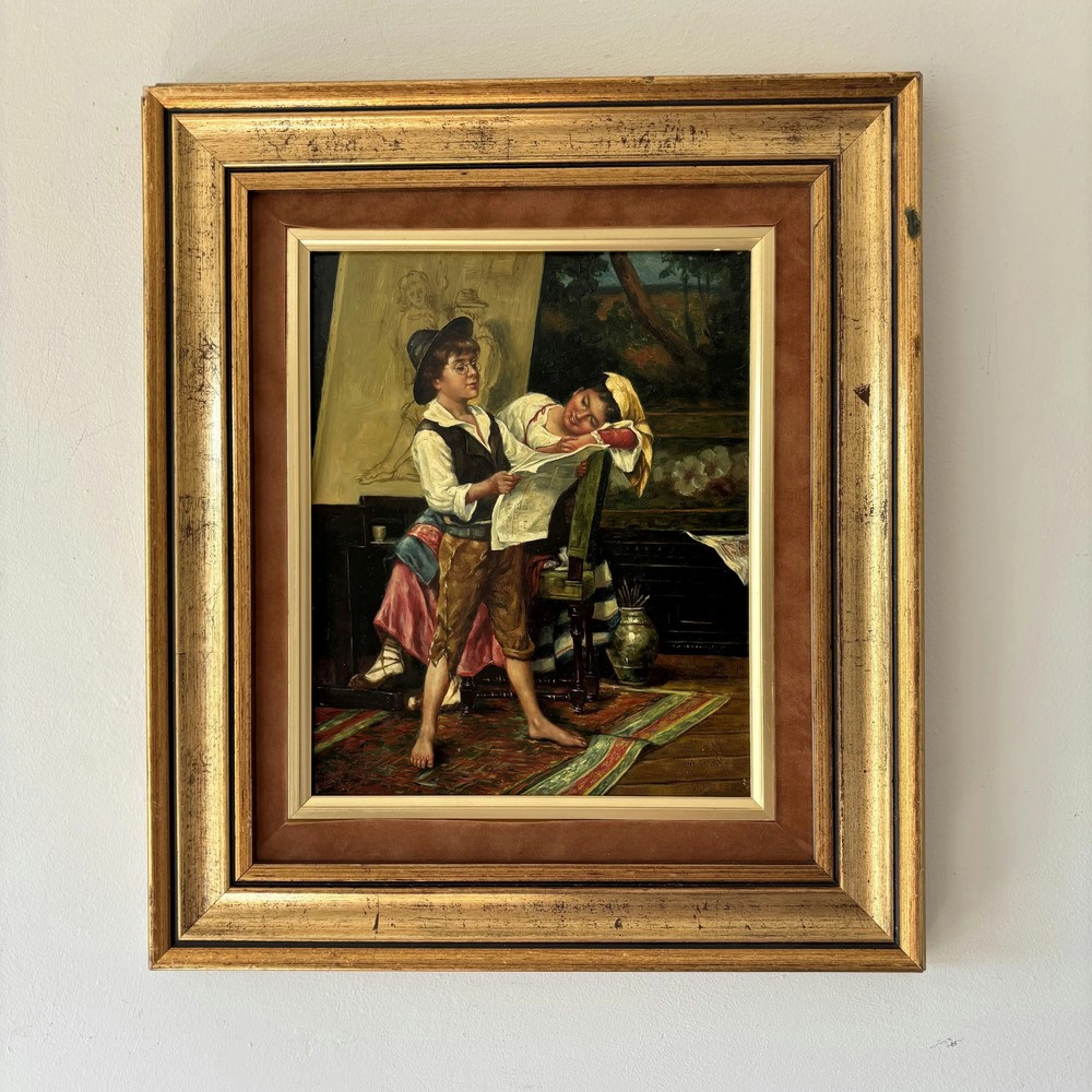 Detailed Figurative Oil Painting „Reading Boy“ Rustic Small Artwork