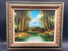 Original Bob Ross Style Mountain Forest Landscape 8″ x 10″ Oil Painting, Framed