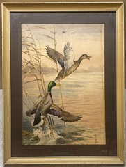 ORIGINAL Vintage BORIS RIAB Male Female MALLARD DUCK in Flight Hunting PAINTING