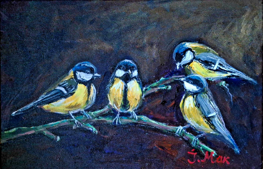 art 731 original acrylic painting canvas 8×12 in Tits Animalistic genre birds