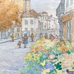 Vintage French Watercolor Beziers Languedoc South France Flower Seller Signed