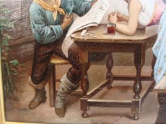 Antique 19C P Desalos Genre Family at Table O/C Painting