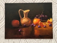 Chuck Rosenthal Still Life Painting Orange Apple Grape on Fiber Board 12 x 9″
