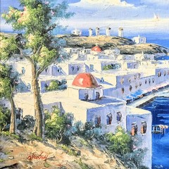 Original Signed Nico Laoy Impasto Oil Painting Mykonos Greece Seascape Framed