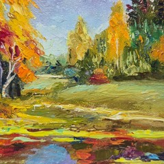 original autographed oil painting framed.мAutumn Landscape. impressionism.4×4