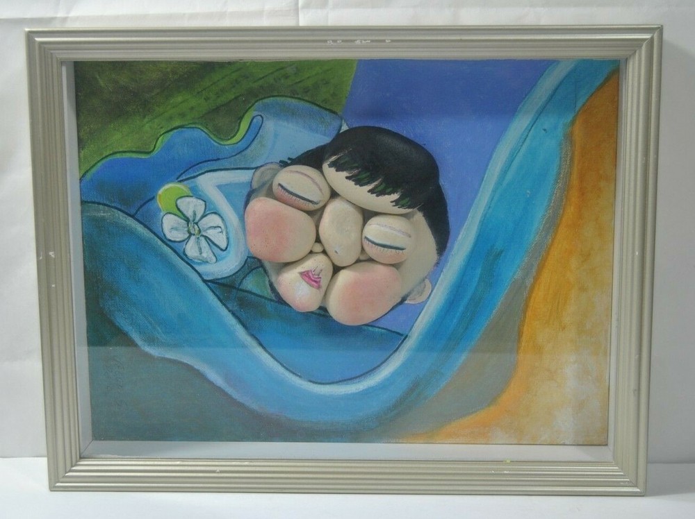 Original Picasso Style Stone Art by Leean of Sleeping Woman Painted Background