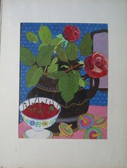Goauche Flower Still Life Roses Cherries in Front of Blue Wallpaper Monogram AR