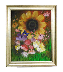 Floral Butterfly Painting FREE Gold Frame Original Art by Rain Crow