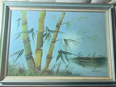 Huge Jamison „Bamboo Plants In Landscape Scene“ Oil Painting – Signed And Framed