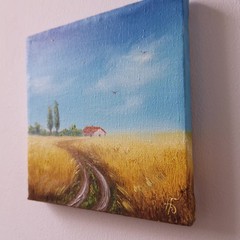 Golden Wheat Field Farmhouse Original Oil Painting Country Landscape Wall Decor