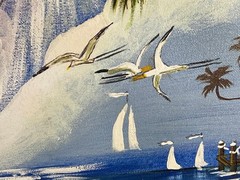 Vintage Nautical Beach Coastal Landscape Painting Seagulls Boat Dock Palm Trees