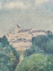 Impressionist View From A Castle Bergige Landscape South Germany? Watercolour