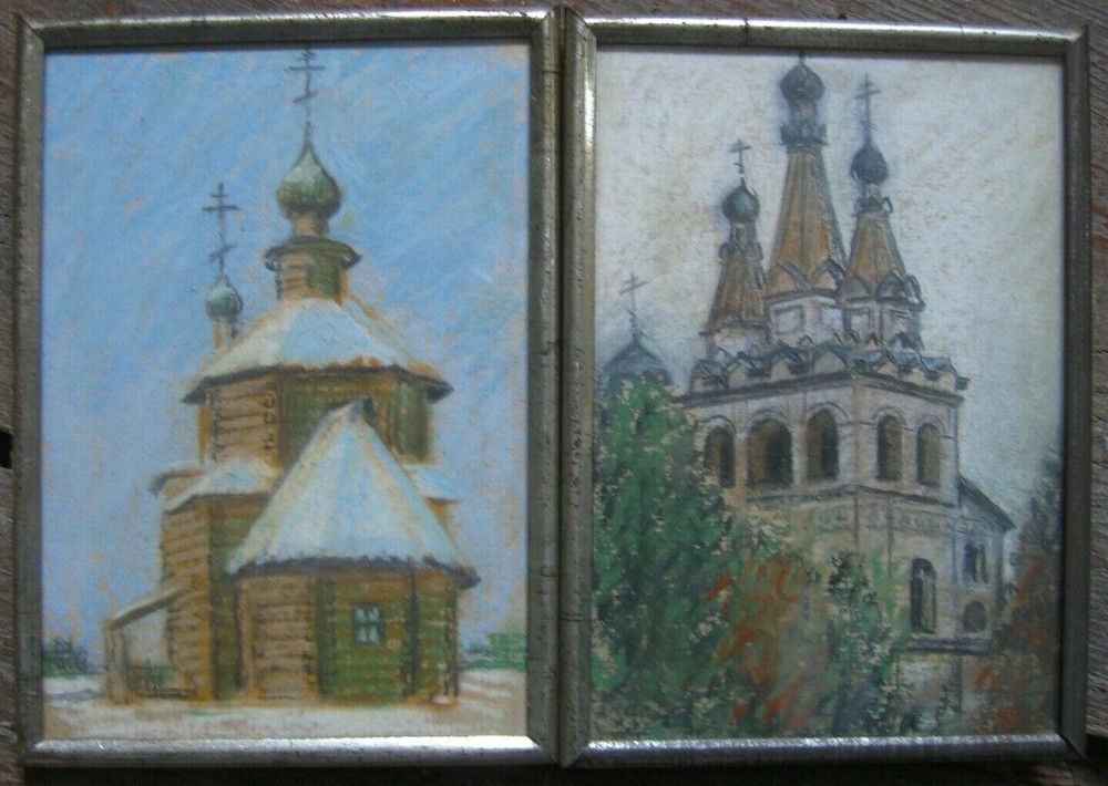 2x Pastel Russian Church Frame Antique Fine Work Miniatures Russia