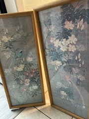 Vintage 2 Asian wooden Bamboo framed & signed BIRD & FLOWERs PAINTINGs