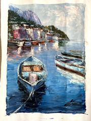 Hand Signed Original Painting of Boats on the Amalfi Coast/ Atef, Oil on Canvas