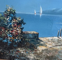 Antique ITALIAN LAKE LANDSCAPE VILLA SIGNED R.BURTON OIL PAINTING, Large 44”x32
