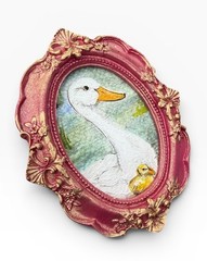 Mama Duck & Duckling mini watercolor bird print in vintage style ornate frame