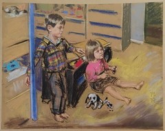 N. R. Original Painting Children Playing Siblings Brothers Paint Mystery Artist