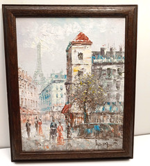 Vintage Caroline Burnett Style Paris Eiffel Scene Oil Painting Impressionist