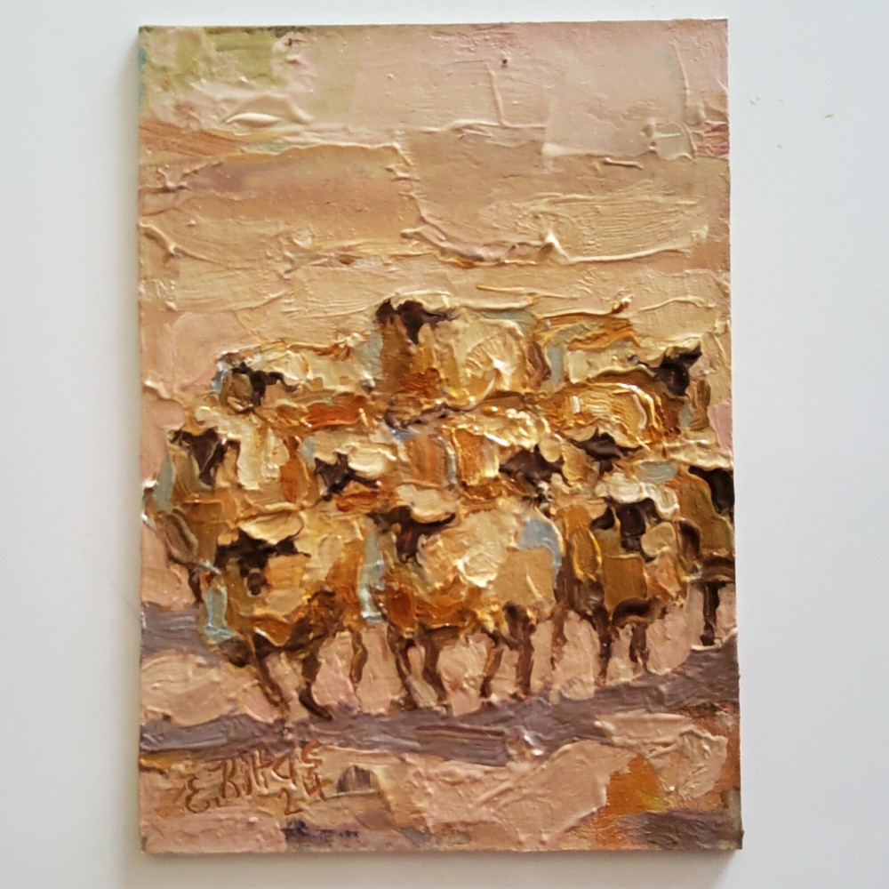 Sheep Painting Original Oil Artwork Landscape Abstract Modern Small Wall Artwork
