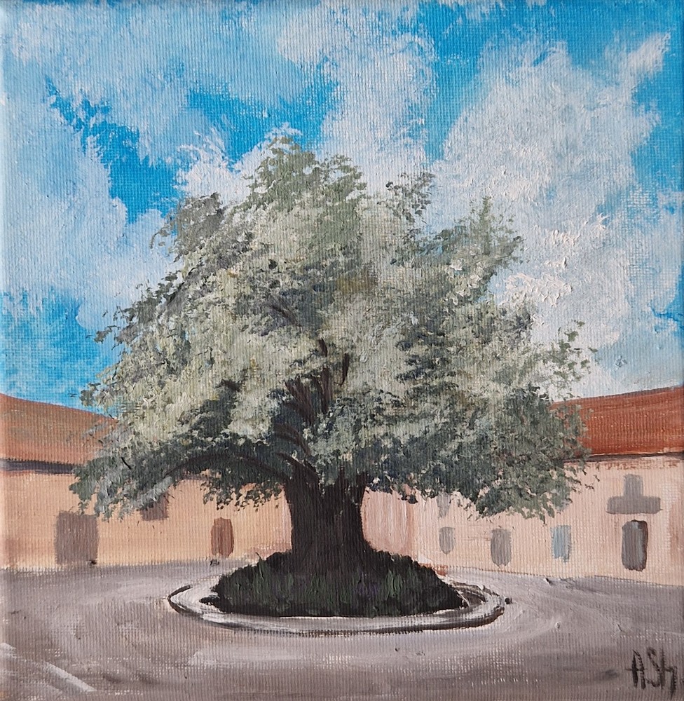 Original oil painting cityscape olive tree European city Old Town Street 8×8″