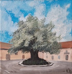 Original oil painting cityscape olive tree European city Old Town Street 8×8″