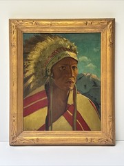 Antique Indian Portrait Painting Native American Chief Dayton Tribal Listed Oil